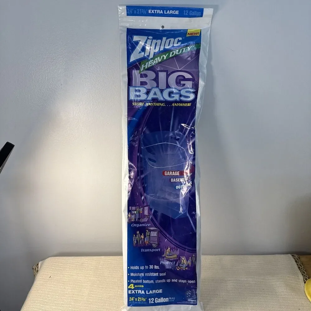 Ziploc Heavy Duty Big Bags 4 Count EXTRA LARGE 12 Gallon- 24” X 21 3/8” New